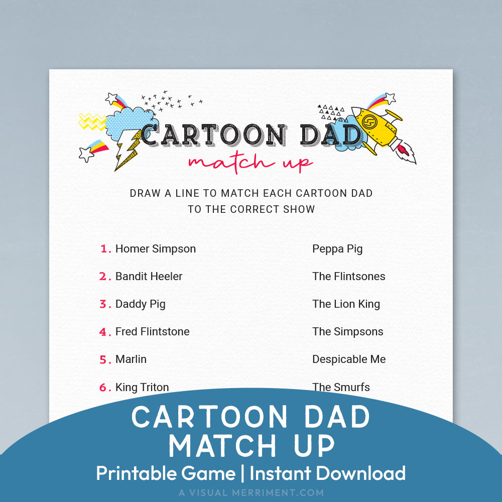 cartoon dad match up printable father's day game page on blue background