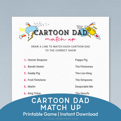 cartoon dad match up printable father's day game page on blue background