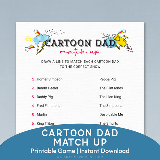 cartoon dad match up printable father's day game page on blue background