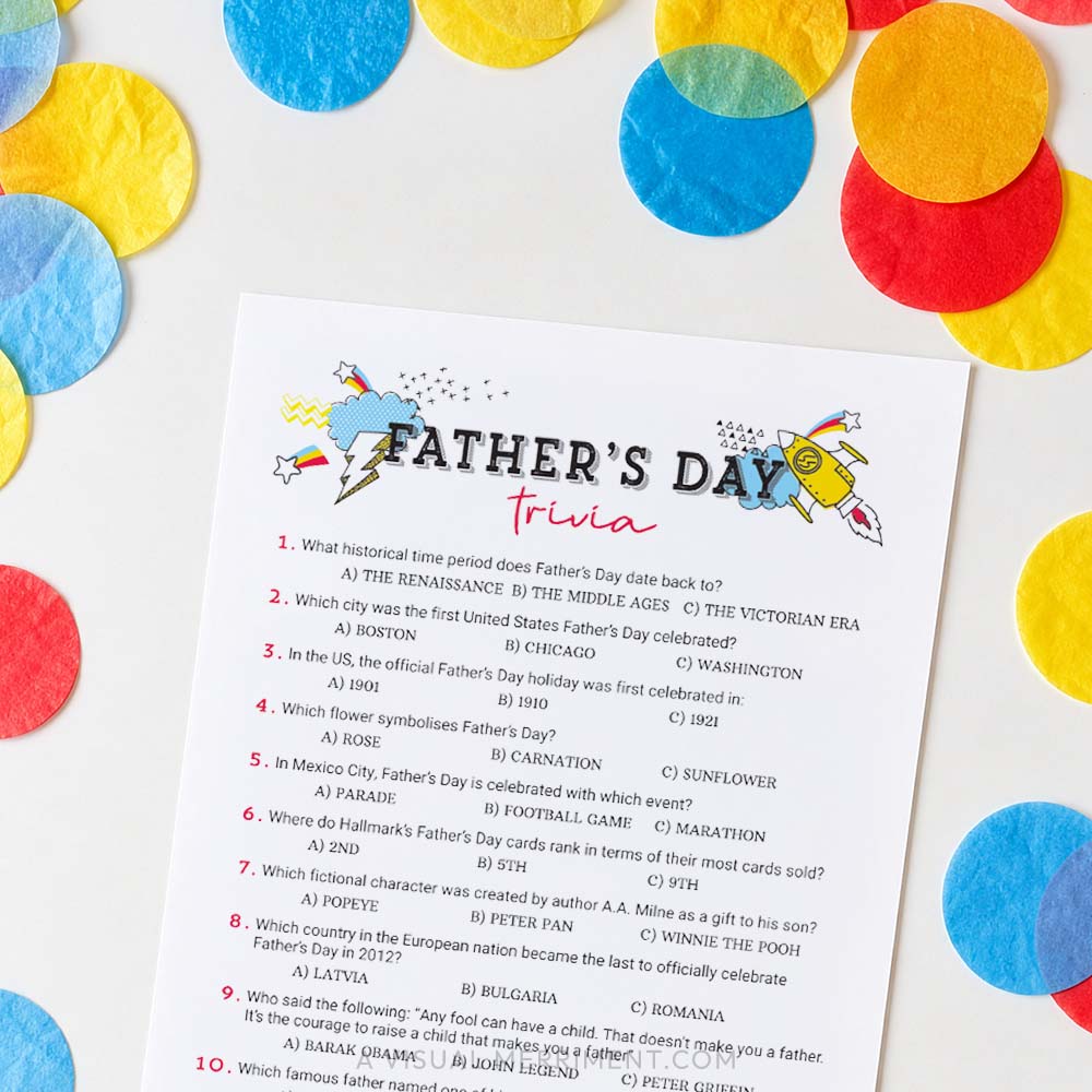 father's day trivia father's day game page with colorful confetti