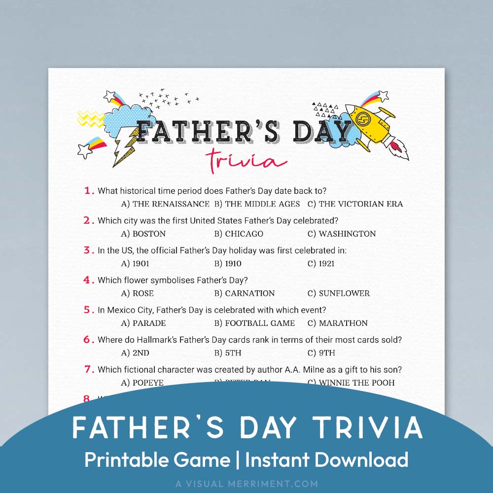 father's day trivia printable father's day game page on blue background