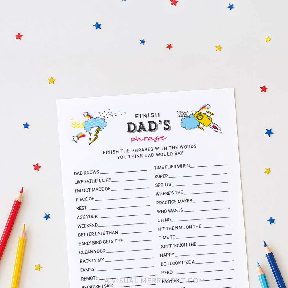 finish dad's phrase father's day game page with pencils and star sequins