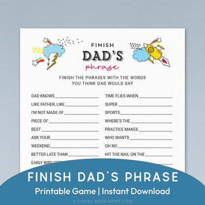 finish dad's phrase printable father's day game page on blue background