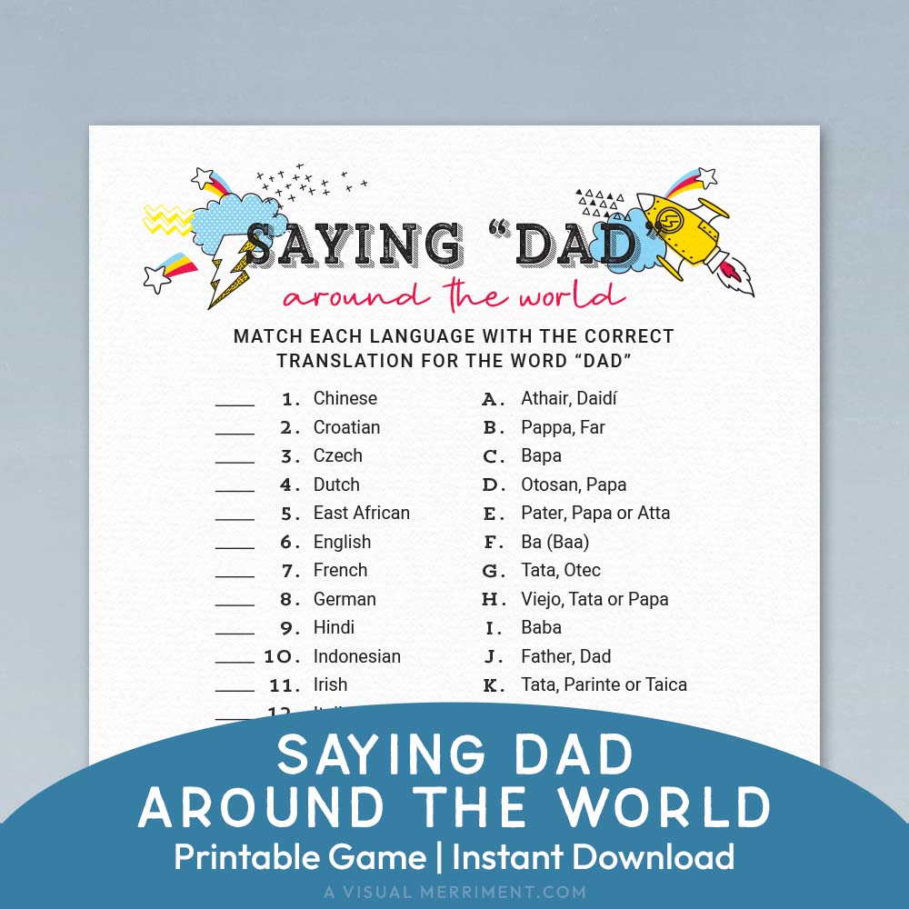 saying dad around the world language father's day game page on blue background