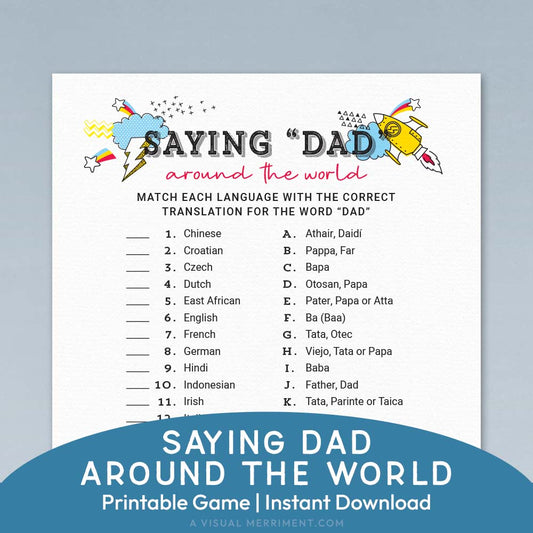 saying dad around the world language father's day game page on blue background