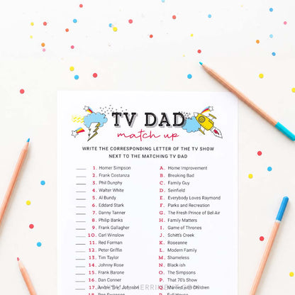tv dad match up father's day game page with pencils and confetti