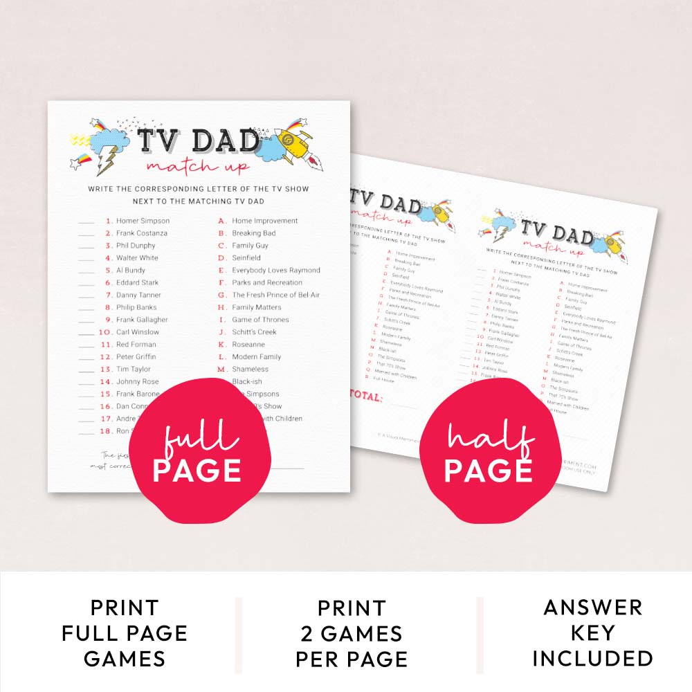 tv dad match up game pages with features