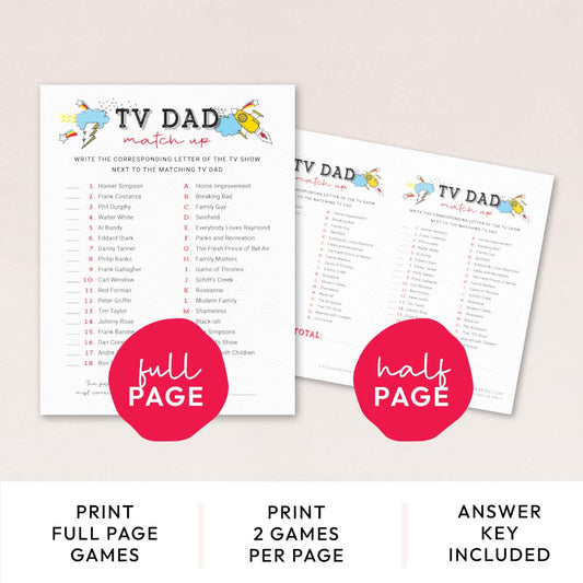 tv dad match up game pages with features