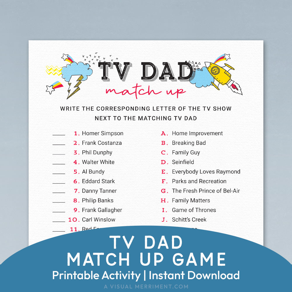 tv dad match up printable father's day game page on blue background
