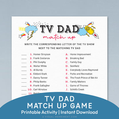 tv dad match up printable father's day game page on blue background