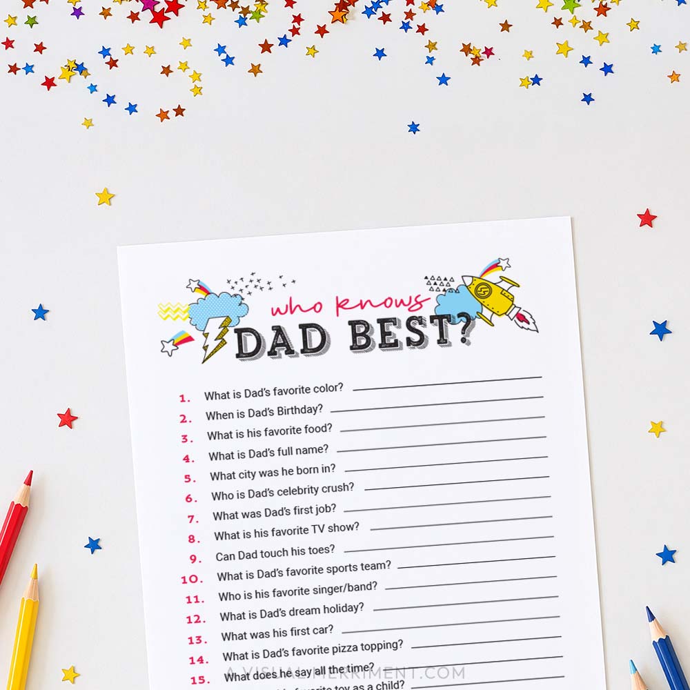 who knows dad best father's day game page with pencils and star sequins