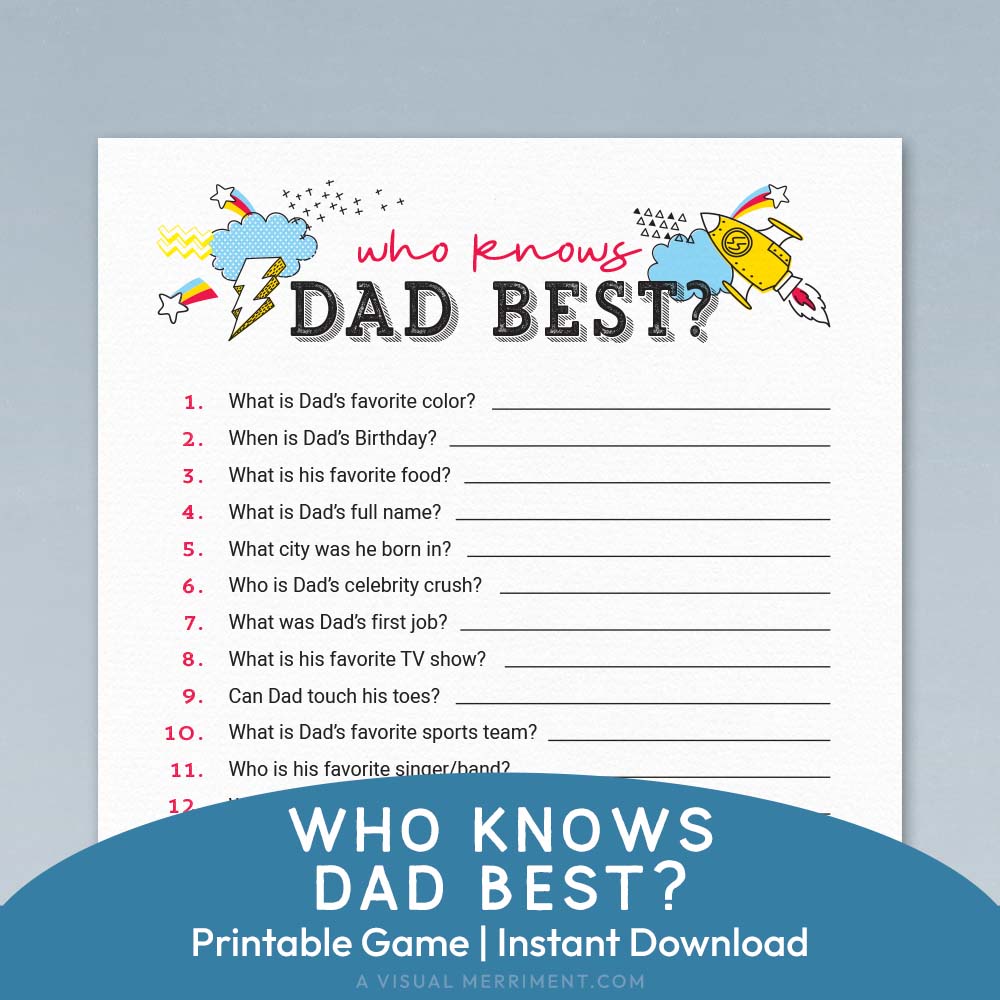 who knows dad best printable father's day game page on blue background