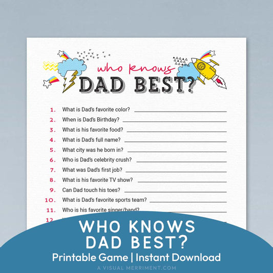 who knows dad best printable father's day game page on blue background