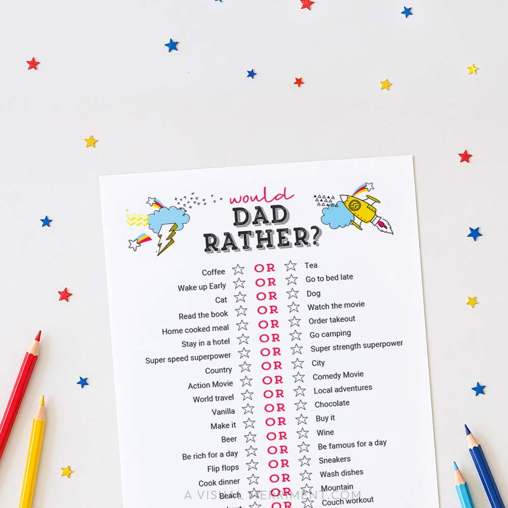 would dad rather father's day game page with pencils and star sequins