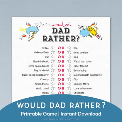 would dad rather printable father's day game page on blue background