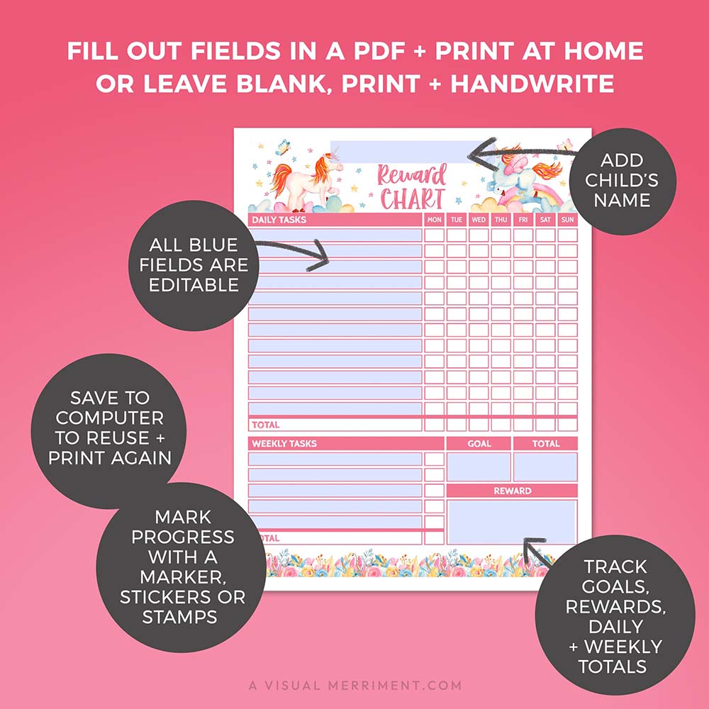 editable fields for unicorn editable printable chore chart