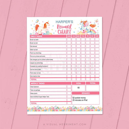 unicorn editable printable chore chart for girls