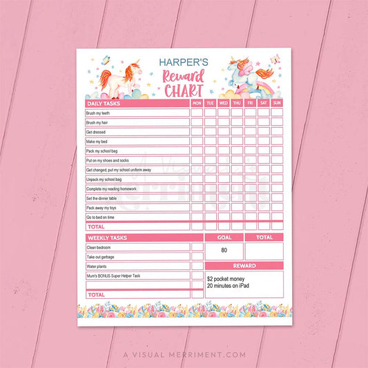 unicorn editable printable chore chart for girls