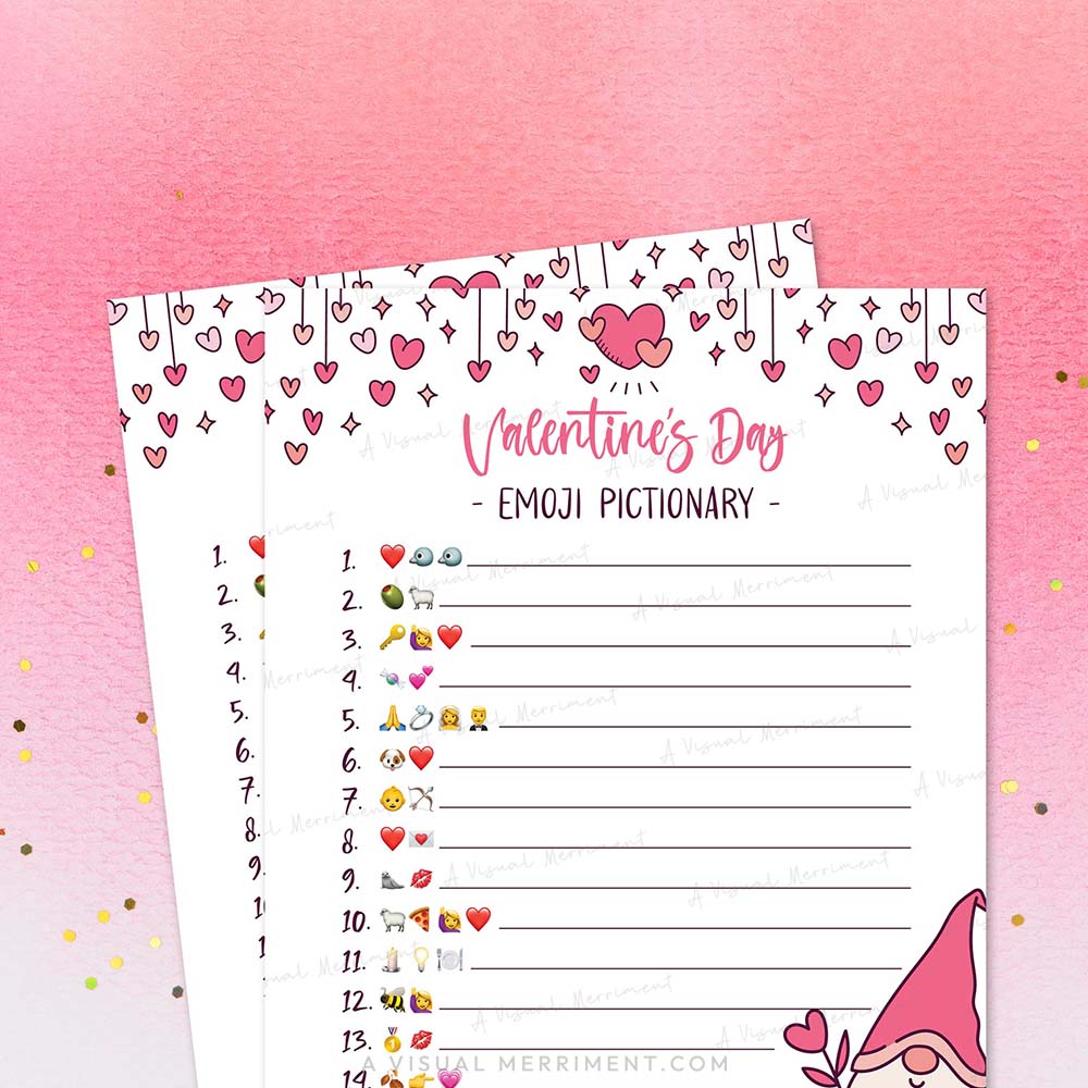 Printable game of Valentine's Day emoji pictionary with heart designs on a pink background