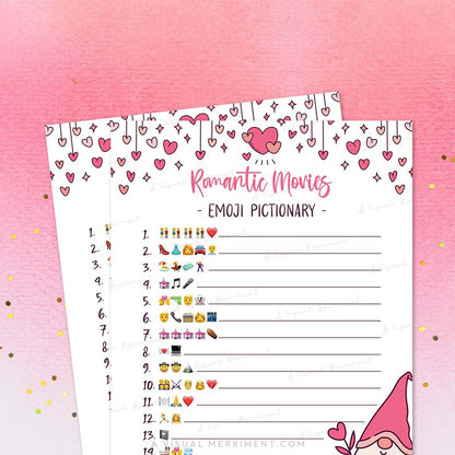Printable game of emoji pictionary romantic movies with heart designs on a pink background