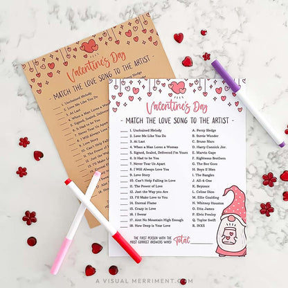 Match the love song to the artist printable game sheets with markers and red sequins