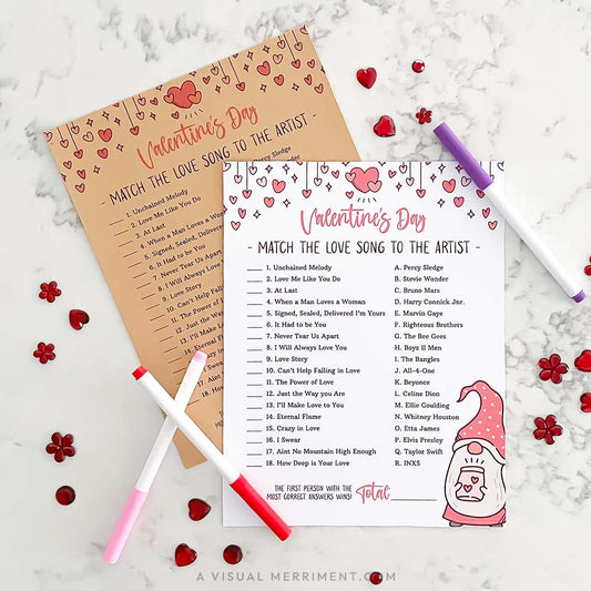 Match the love song to the artist printable game sheets with markers and red sequins