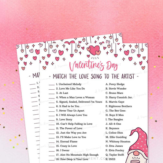 Printable game of Valentine's Day match the love song with heart designs on a pink background