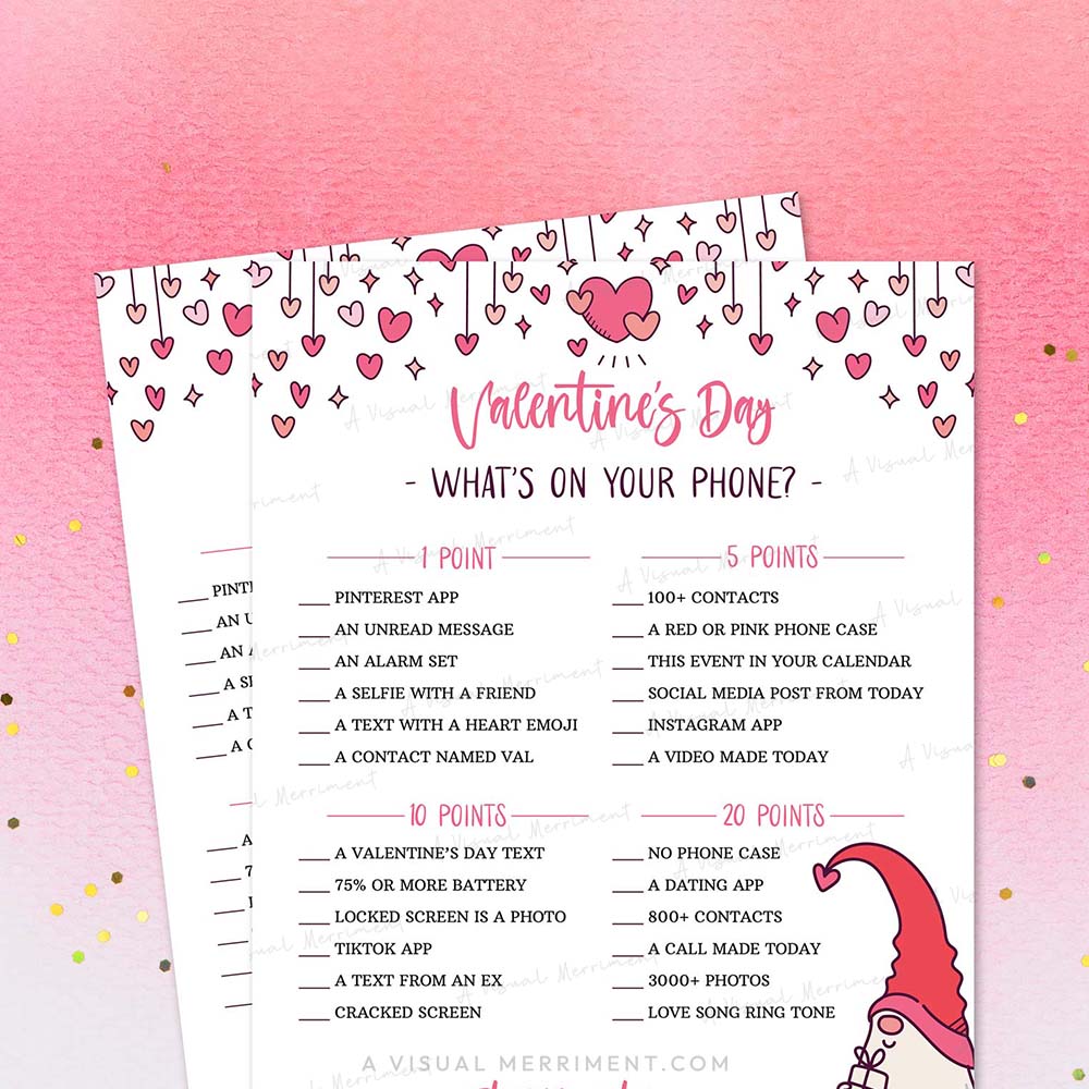 Printable game of Valentine's Day what's on your phone with heart designs on a pink background