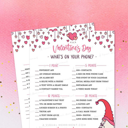 Printable game of Valentine's Day what's on your phone with heart designs on a pink background