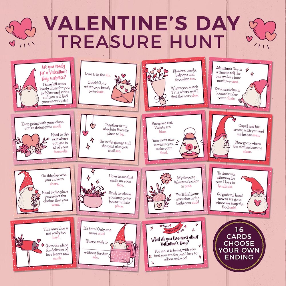 gnome valentines day scavenger hunt clue cards laid out on pink background