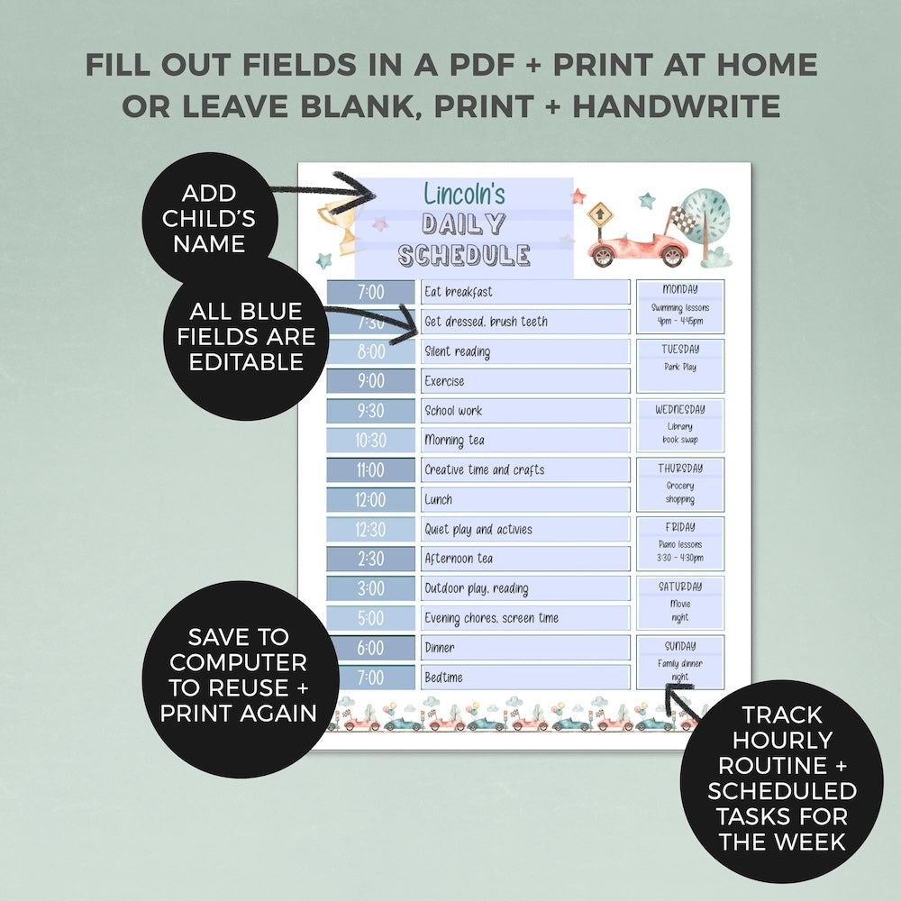editable fields for race car editable printable daily schedule