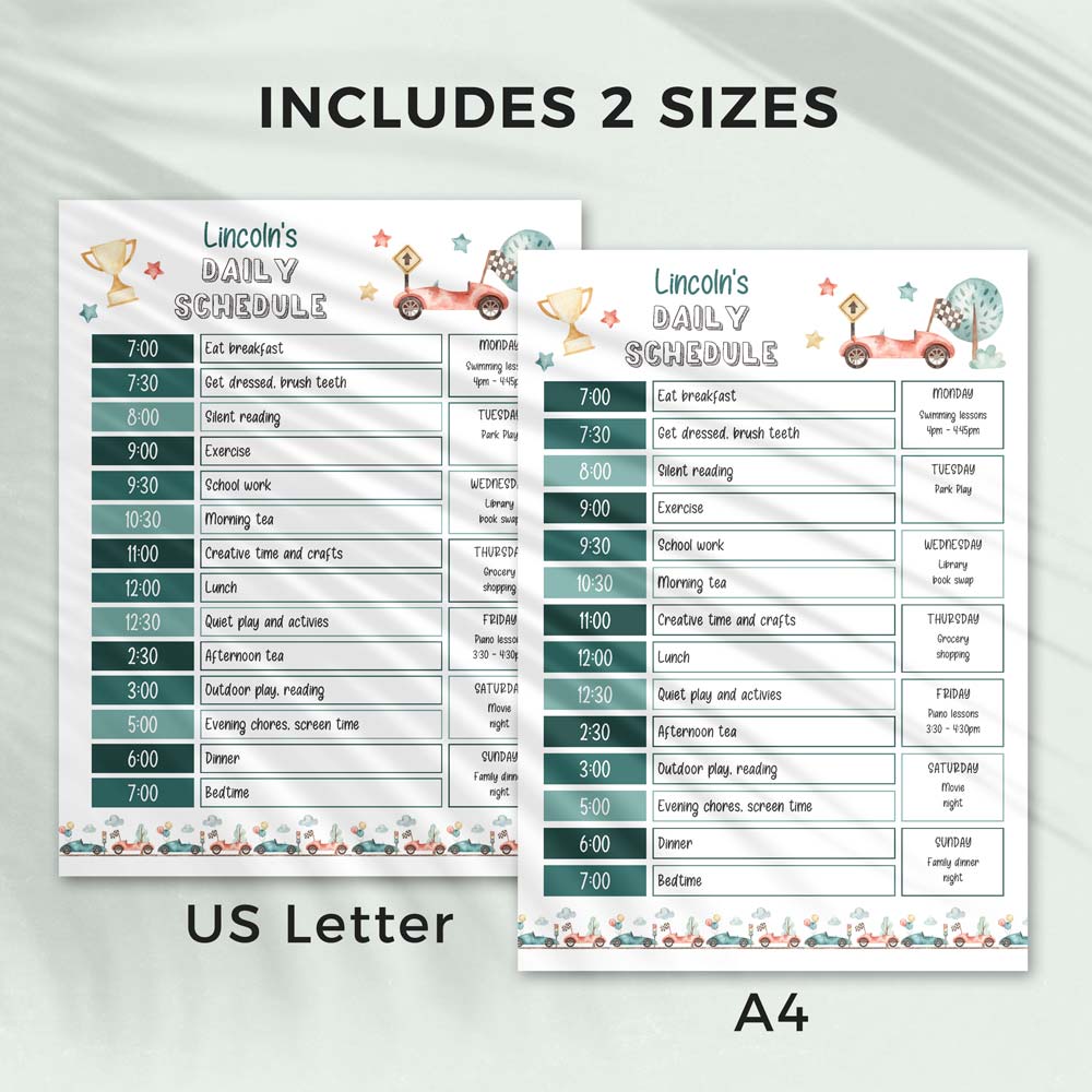 race car editable printable daily schedule in 2 sizes - US letter and A4