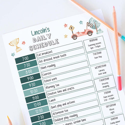 race car editable printable daily schedule for children with pencils
