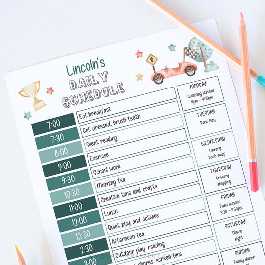 race car editable printable daily schedule for children with pencils