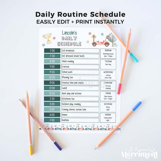 Pencils with race car editable printable daily schedule