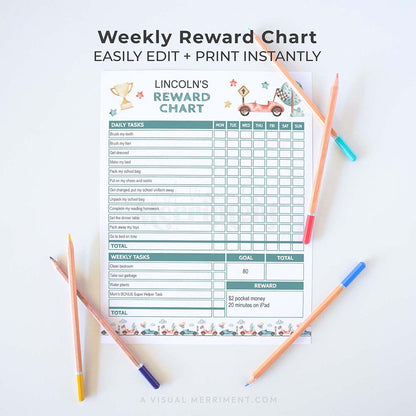 editable printable race car weekly reward chart with pencils