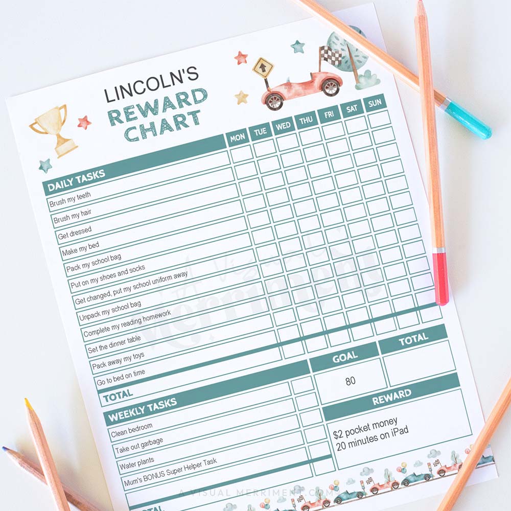 race car editable printable reward chart for children with pencils