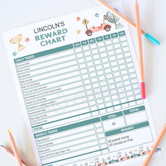 race car editable printable reward chart for children with pencils