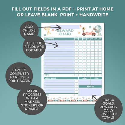 editable fields and features of editable printable race car reward chart