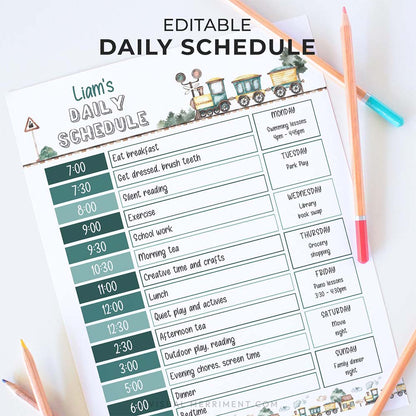 vintage train editable printable daily schedule for children with pencils