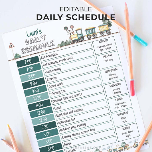 vintage train editable printable daily schedule for children with pencils