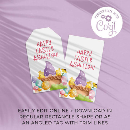 two Easter gift tags with a colorful purple basket gnome design