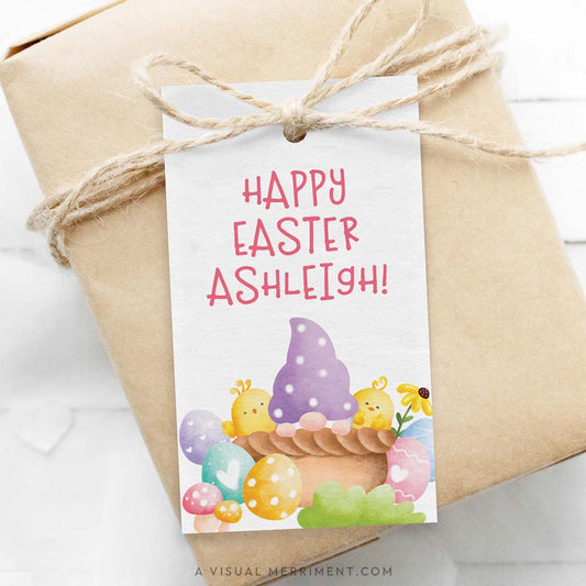 brown parcel wrapped with Easter gift tag in a colorful purple basket gnome design