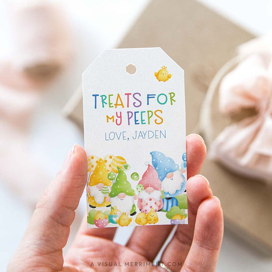 Hand holding a personalized Easter gift tag treats for my peeps with a gnome design