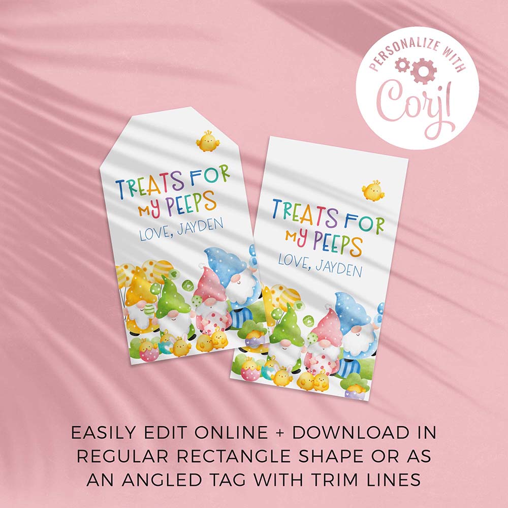 two Easter gift tags with a colorful gnomes and chicks