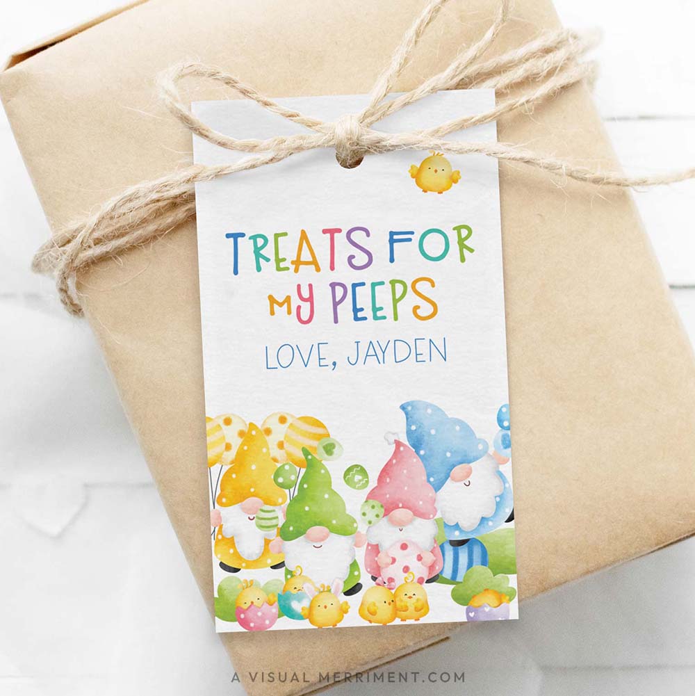 brown parcel wrapped with treats for my peeps Easter gift tag in a colorful gnome design