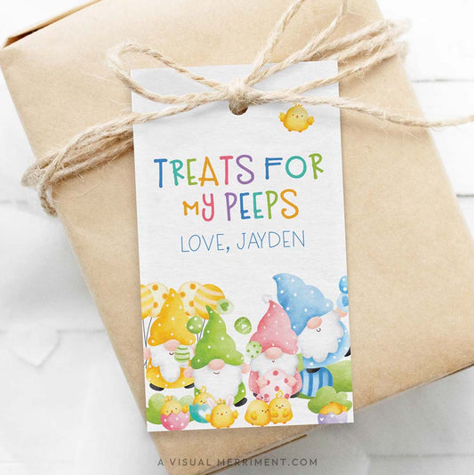 brown parcel wrapped with treats for my peeps Easter gift tag in a colorful gnome design