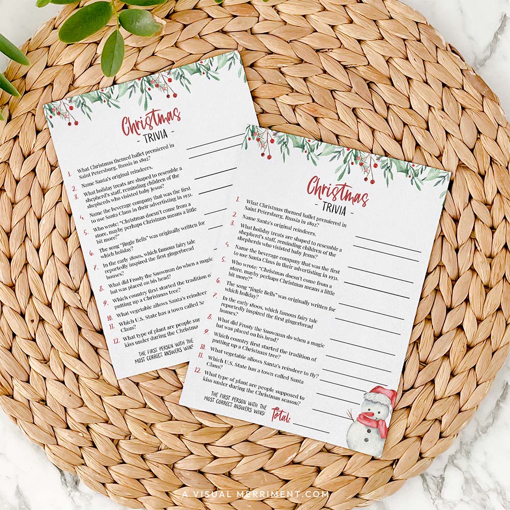 2 pages watercolor snowman printable christmas game sheet - christmas trivia