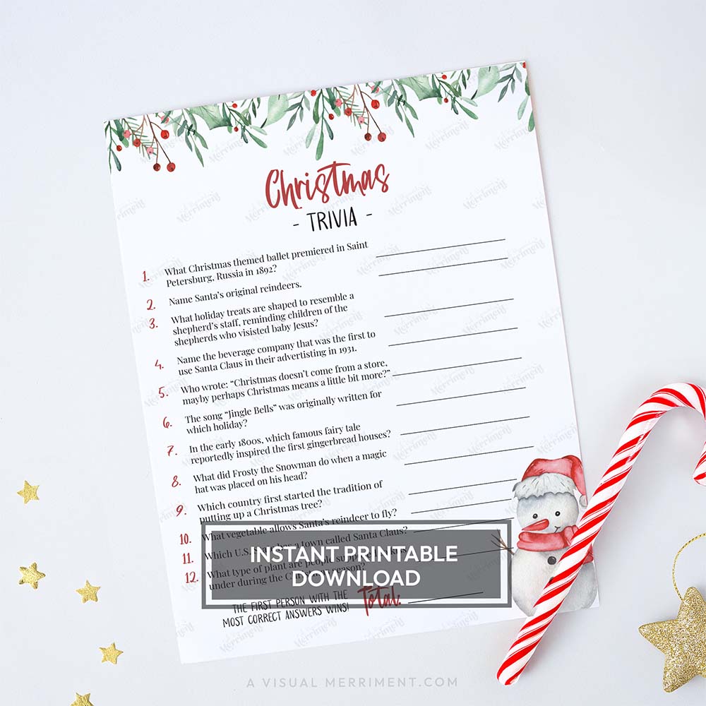 Watercolor snowman printable christmas game sheet - christmas trivia on white background with candy cane