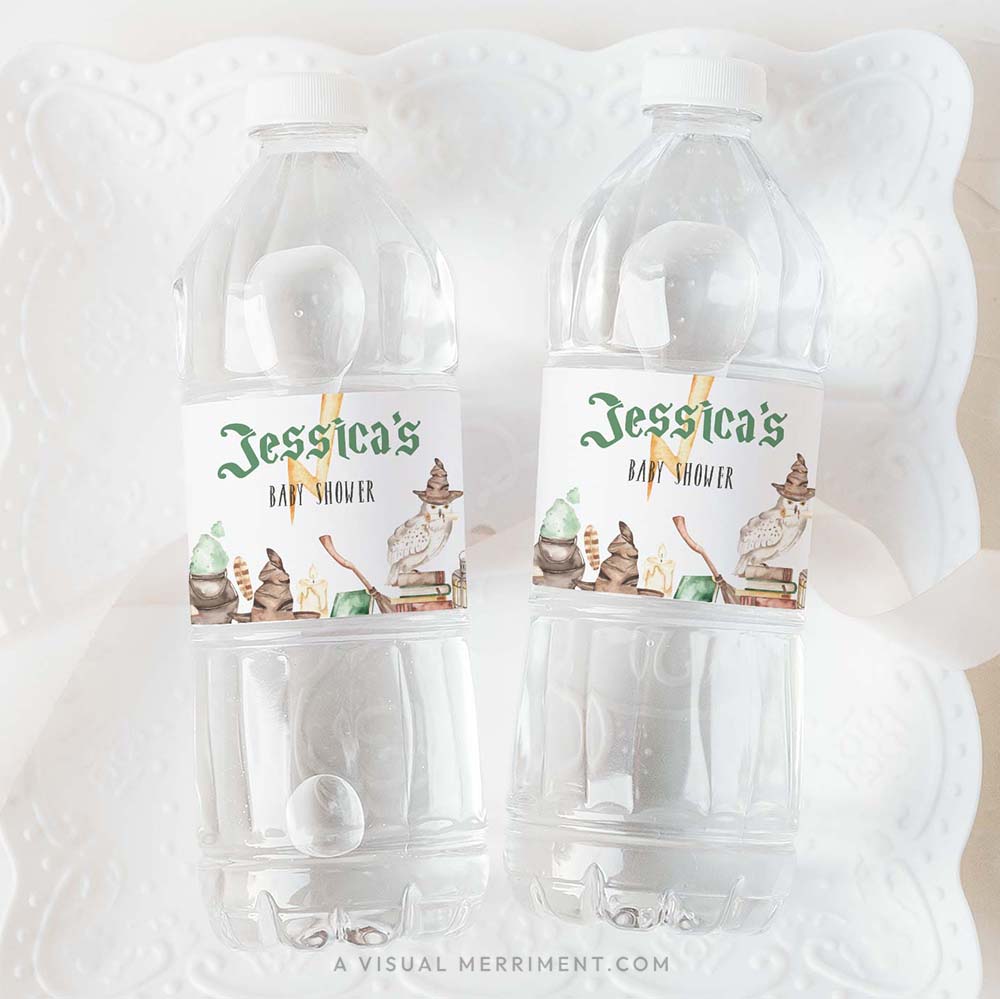 2 bottles with harry potter inspired baby shower custom water bottle labels on white plate